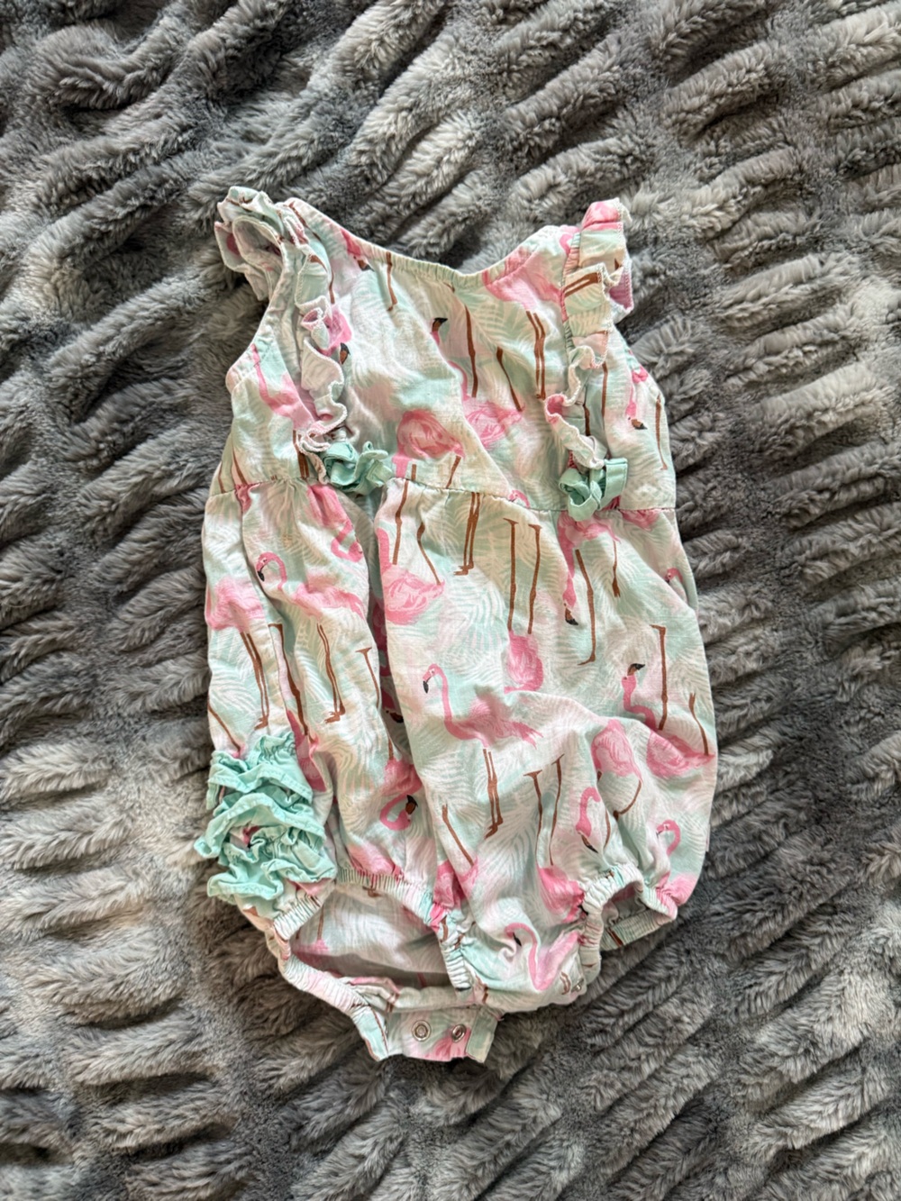Ruffle Butts Pink Flamingo Print Mint Ruffle Bubble Romper